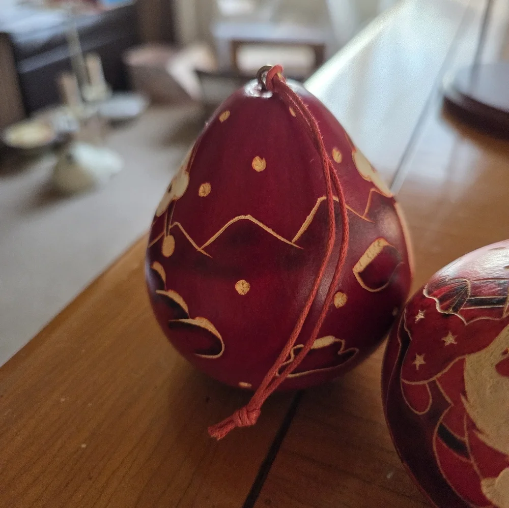 Hand Carved Dried Gourd Ornanent Trio (Polar Bear, Santa & Penguin)